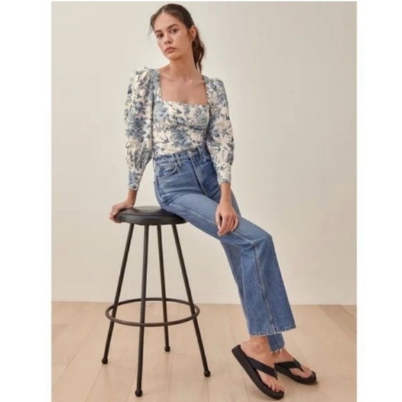 Reformation Stilton Linen top pompadour Blue White Floral Bird print New Size 8 - Picture 3 of 10